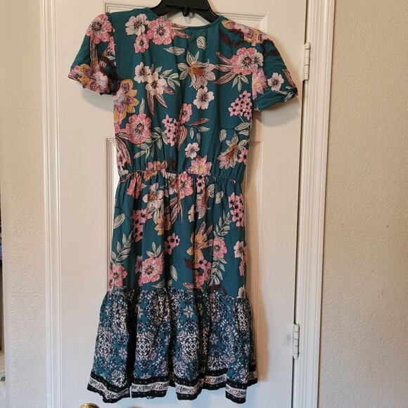 Maurices XS Floral Dress Teal & Pink with Ruffled Sleeves & Hem 100% Viscose - Picture 2 of 6